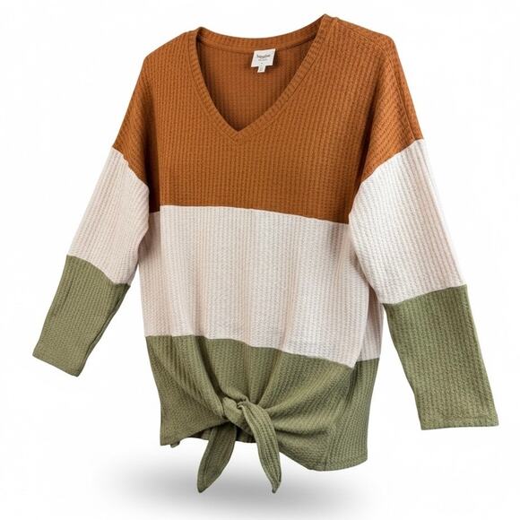 Hayden Women 1XL Colorblock Waffle Knit Tie Front Long Sleeve Top NWT - Picture 2 of 9